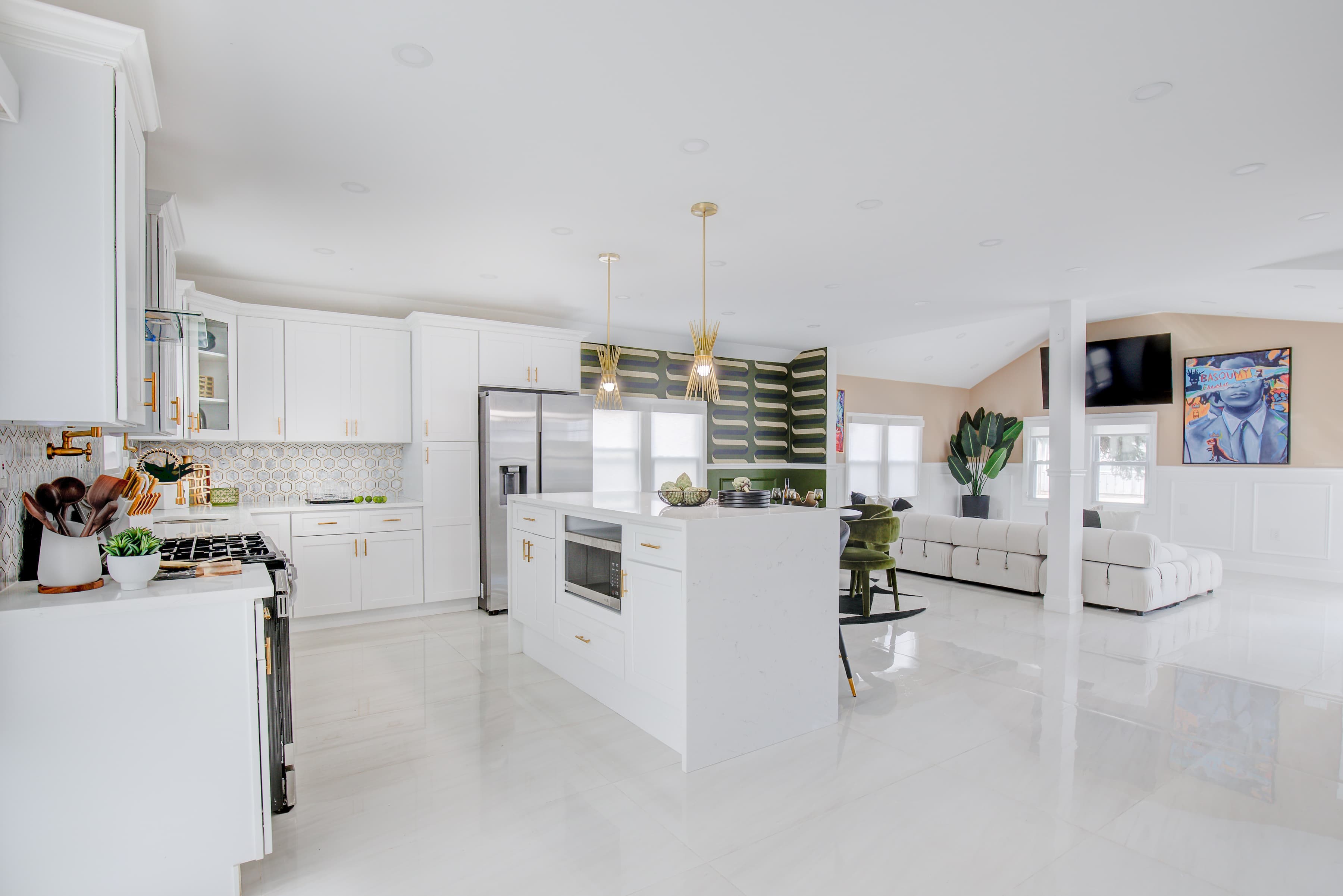 Bright modern kitchen and living interior